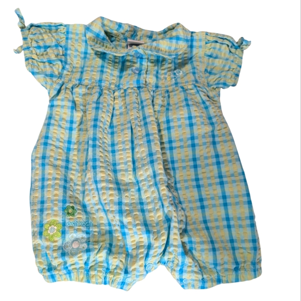 Oshkosh B'Gosh Y2K Vintage Infant Girls Blue Green Seersucker Romper